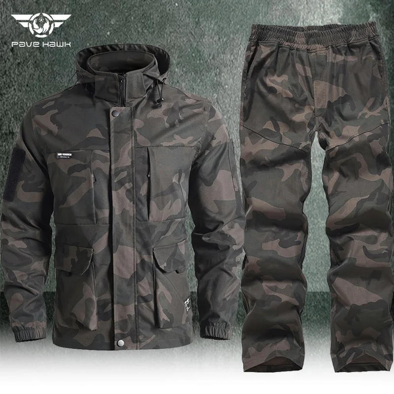 Men's Camouflage Work Set Multi-pocket Breathable Hooded Cargo Jacket Straight Wear-resistant Elasticity Trousers Tactical Suit