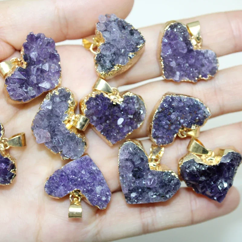 4 Pcs New Fashion Natural Amethyst Crystal Cluster Irregular Heart-shaped Pendant Reiki Stone for DIY Earrings Jewelry Making