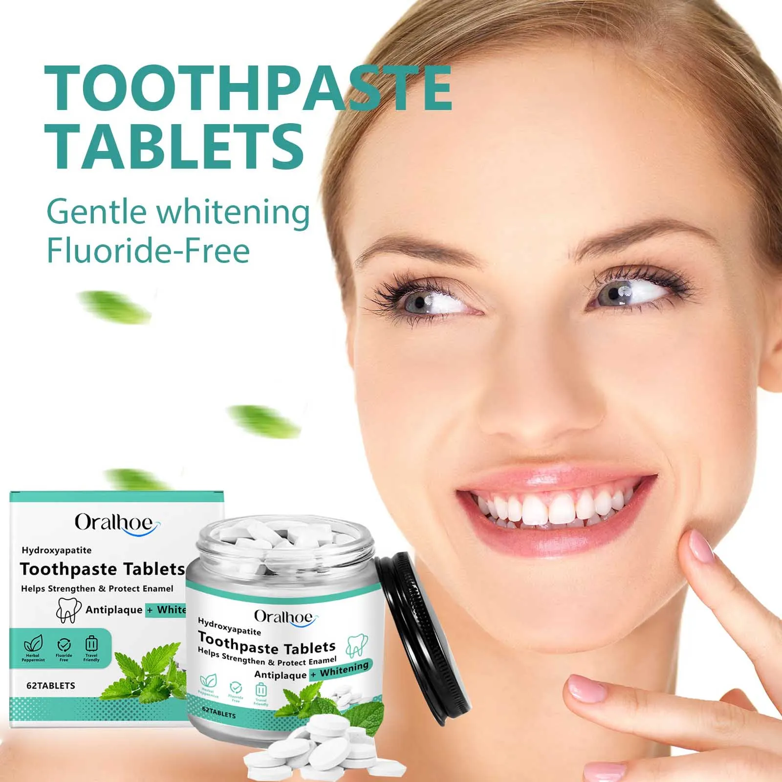 Mint flavored chewable toothpaste tablets improve bad breath, remove smoke stains, and refresh oral hygiene. 62 tablets
