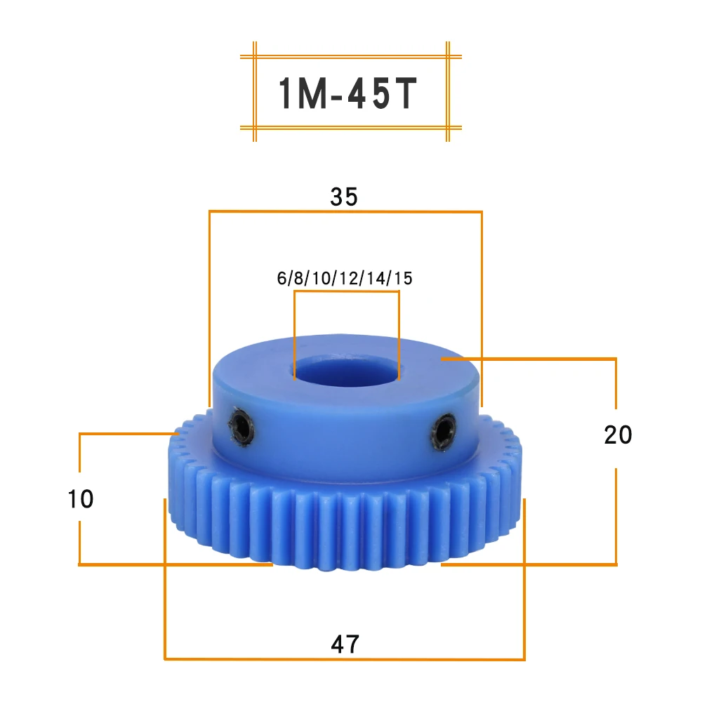 青いプラスチックギアモーター伝送部品、1m-45t/48t歯ピッチ、3.14mm、高さ10mm、ボアサイズ6、8、10、12、14、15mm