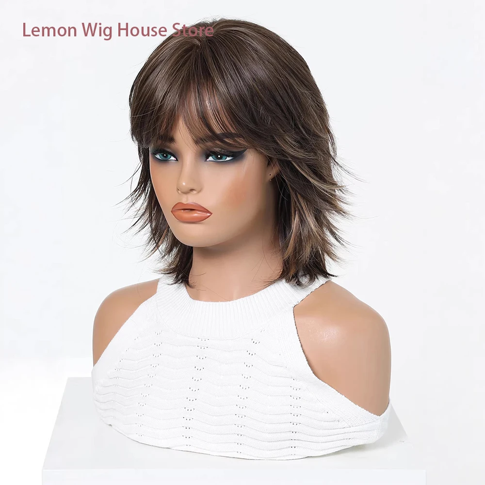 Picture 7: Shaggy Layered Short Synthetic Wig Dark Brown with Caramel Blonde Highlights Wolf Cut with Bangs Daily Women Wig Heat Resistant