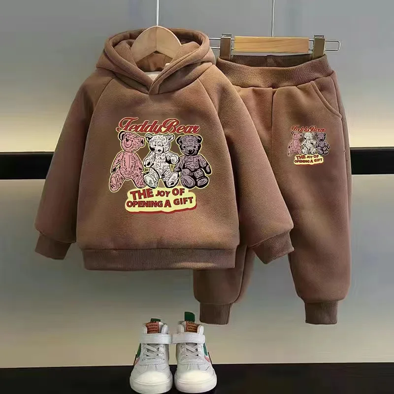 

Autumn Winter Plush Warm Clothes for Kids Boys Girls Cartoon Bear Pattern Hoodies and Pant Set Children's Pullover Tracksuit