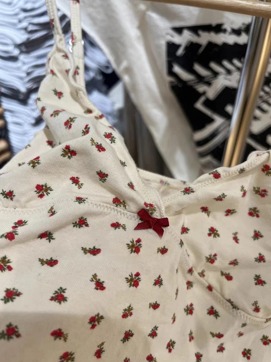 الأحمر الأزهار عارية الذراعين سليم تانك القمم امرأة الصيف الخامس الرقبة القوس أكمام القطن بروتيل الإناث الحلو لطيف نمط Preppy Y2k القمم جديد #6