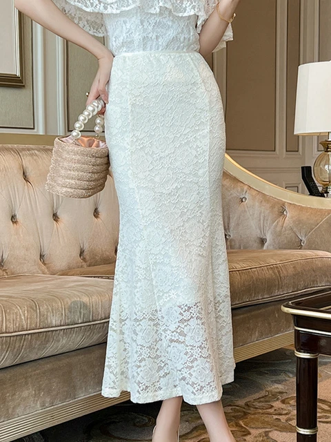 Elegant Sweet White Skirt Women French Lace Hook Flower Hollow High Waist Fishtail Long Skirts Femme Party Prom Clothing Mujer