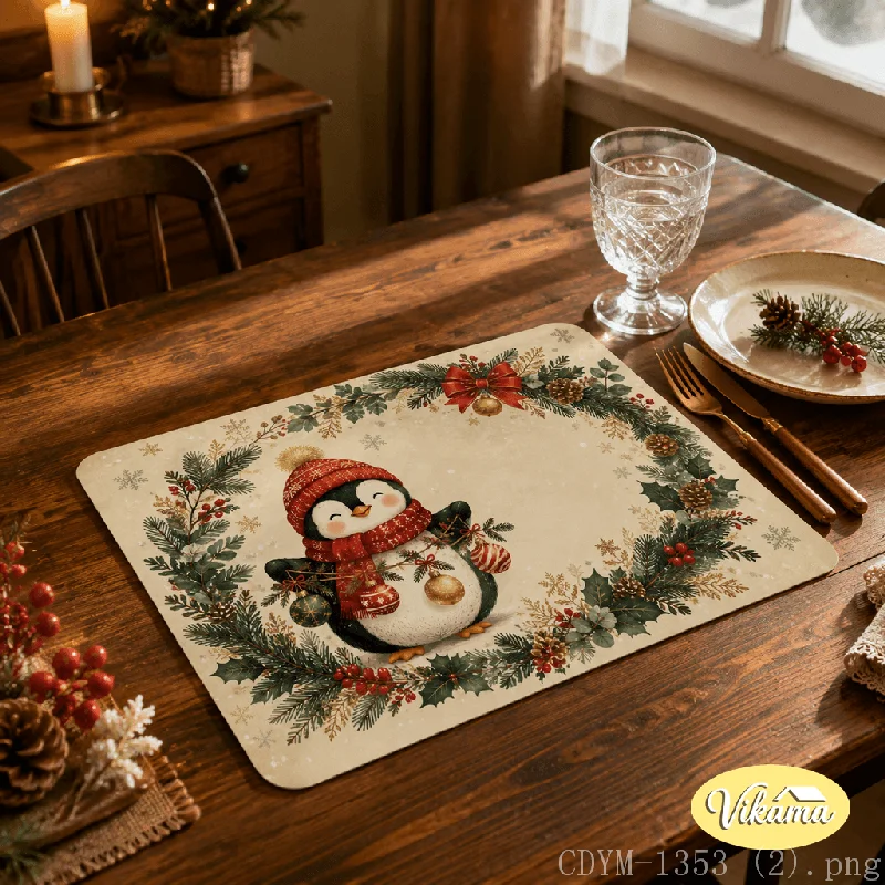 VIKAMA Christmas Placemat Penguin Snowflake Winter Print, Waterproof Oil-Proof Heat-Resistant Non-Slip Holiday Table Mat