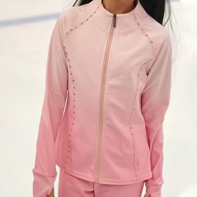 Figure skating training suit with plush thick jacket skating pants gradient pink set gradient color set