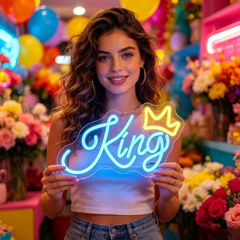 King Crown Neon Sign LED Wall Art Home Decor Birthday Party Supplies Baby Shower Decoration Bar Club Gaming Room Aesthetic Gift