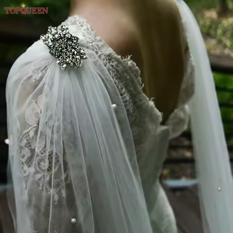 TOPQUEEN VG79 Long Pearl Tulle Shoulder Decoration Removable Women's Evening Dress Accessories Rhinestone Wedding Dress Cape