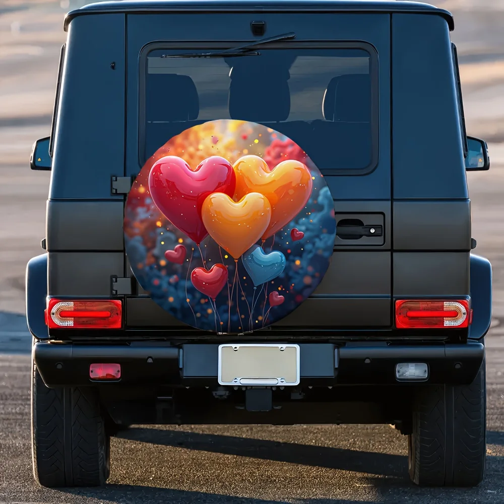 Glossy Heart Balloon Tire Cover Vibrant Polyester Waterproof Outdoor Spare Wheel Protector