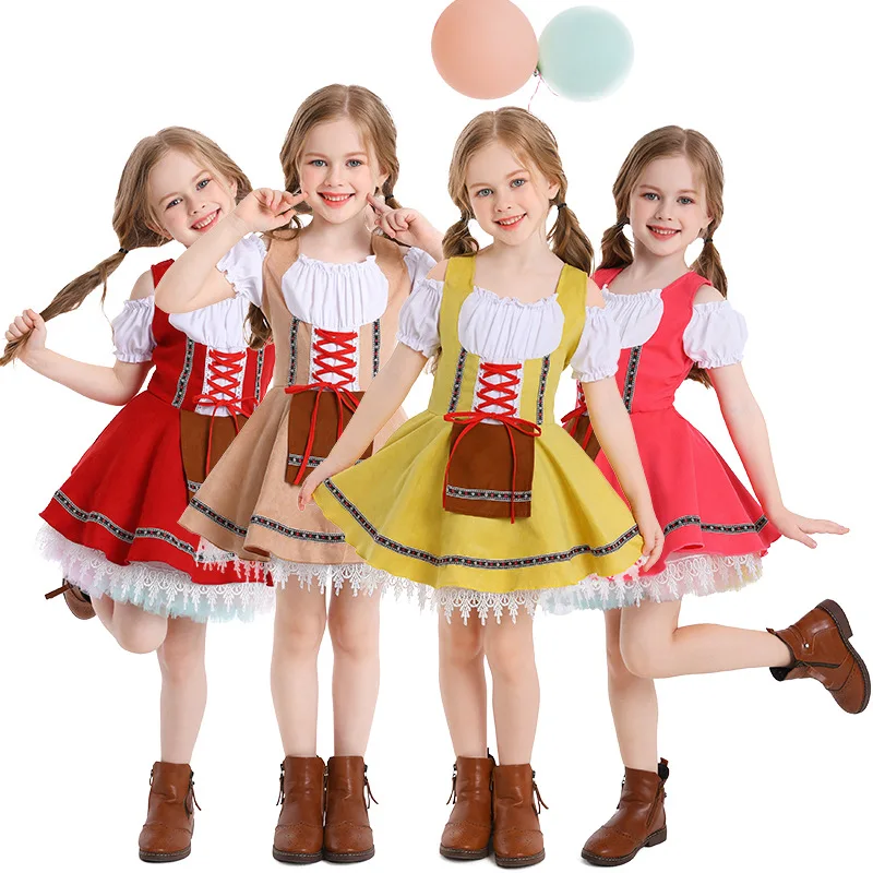 

Cute Sweet Children Beer Festival Dress Sets Bandage Short Sleeve Holiday Party Mini Dress Girl Stage Performance Costume