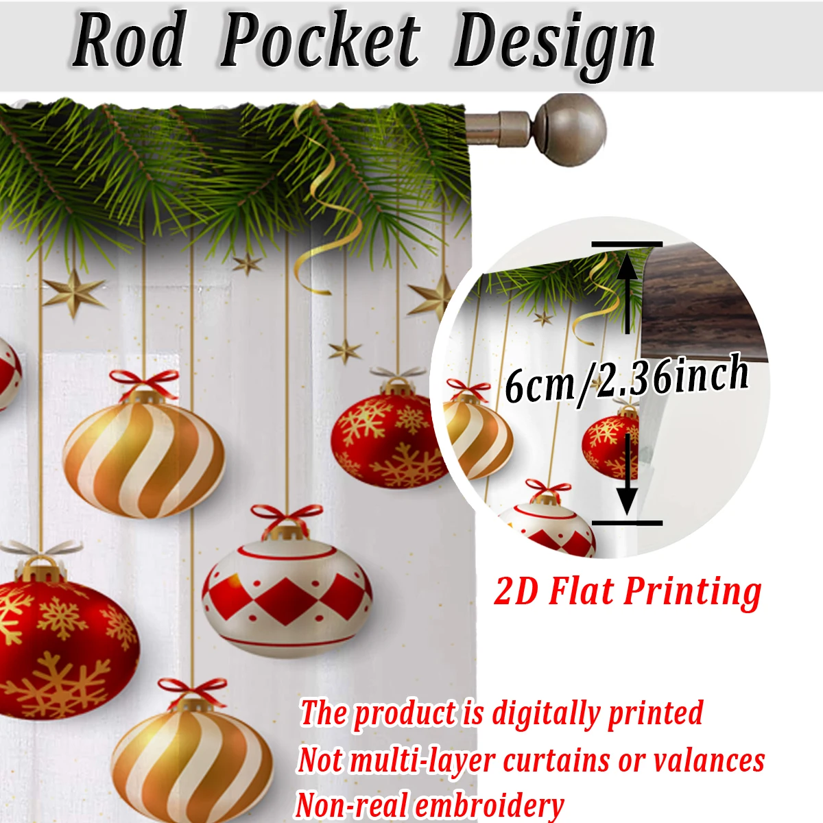 ستارة شفافة للمطبخ مطبوعة مسطحة لعيد الميلاد مع فرع كرة عيد الميلاد المجيد على شكل نجمة من الصنوبر لحفلات ديكور المنزل في عيد الميلاد