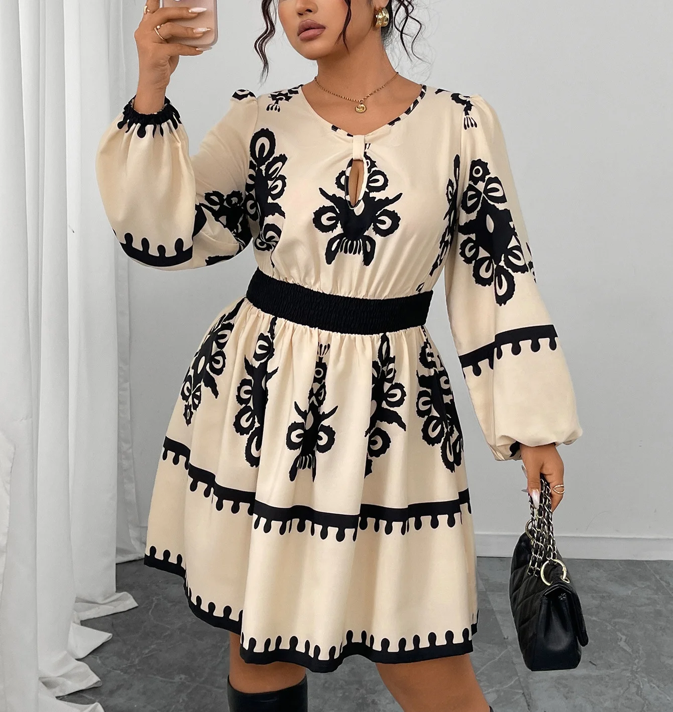 فستان عالي الخصر بأكمام طويلة، فستان عصري برقبة دائرية وأكمام فقاعية، وصول جديد من أوروبا وأمريكا