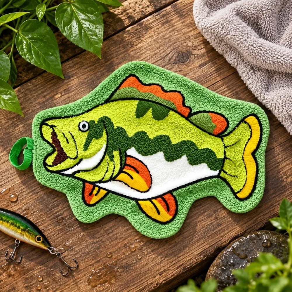 Absorbent Fishing Hand Towel Quick Dry Hanging Lure Fishing Wipe Cloth Coral Fleece Fish Shaped Kitchen Hand Towel