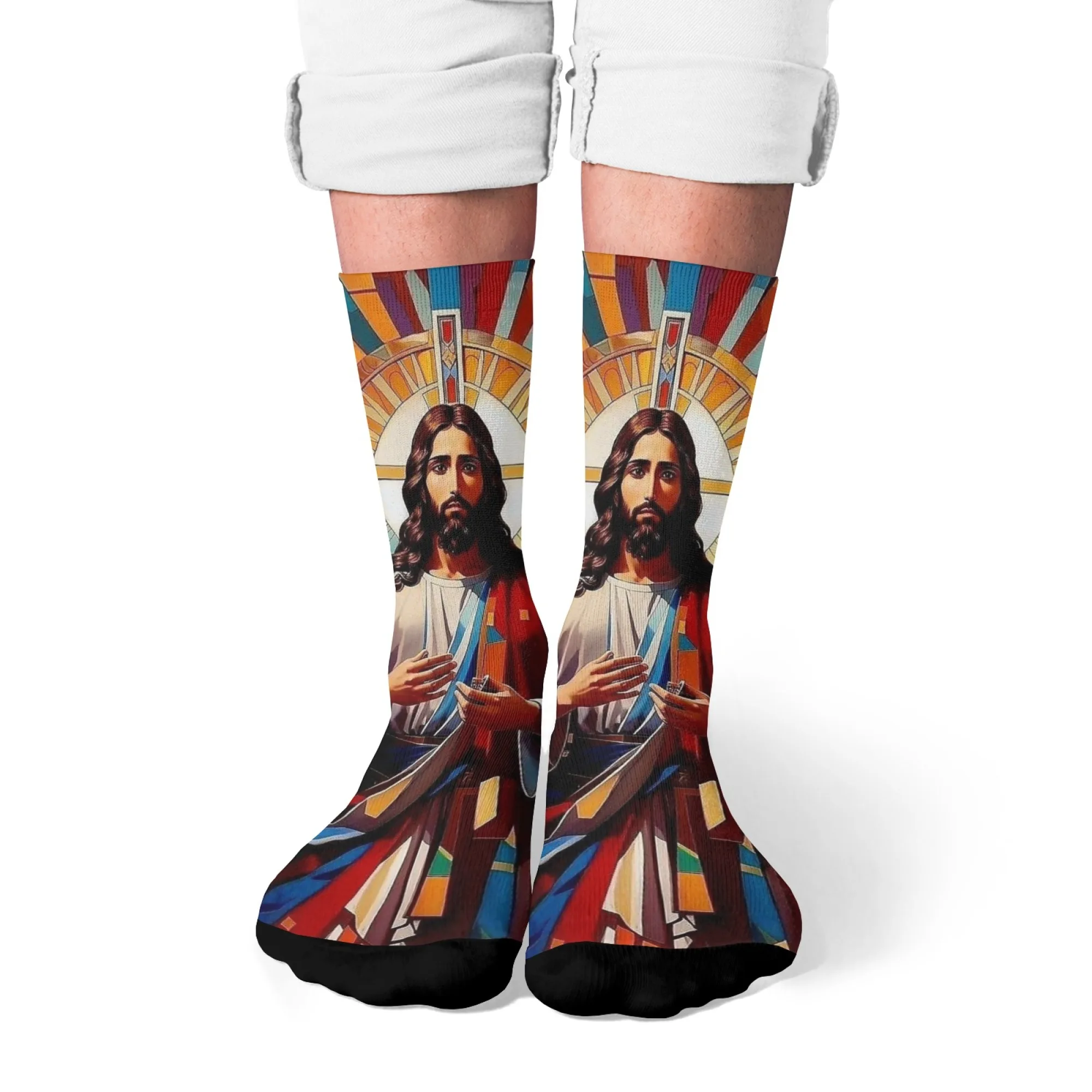 

Holy crew Socks: Stunning Display of The Majestic Image of Jesus, Shining Halo Cross, Vivid Display Faith and Fashion