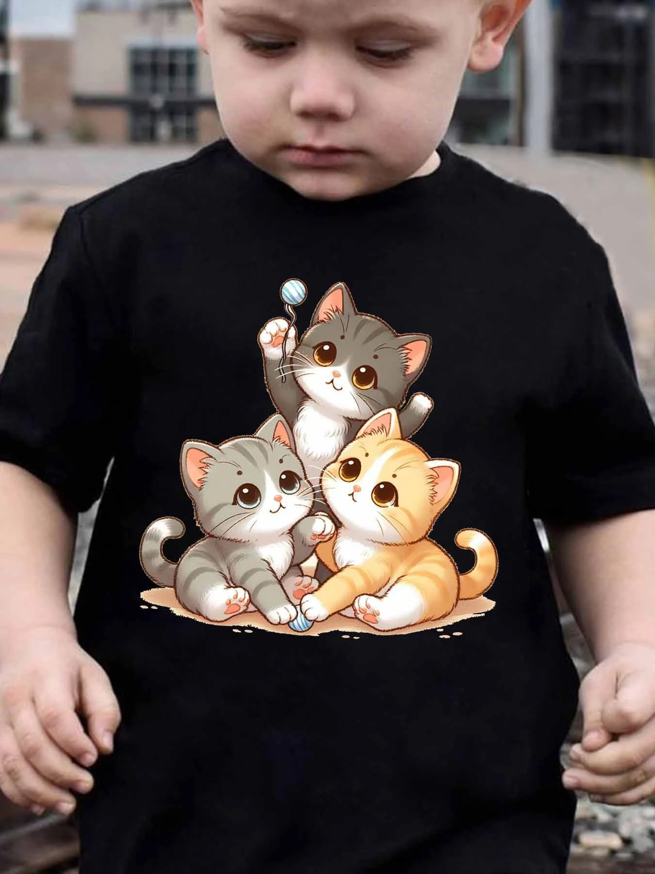 Kids Boys Girls Family Matching T Shirt Three Playful Kittens Playing With Toy Ball Cartoon Print Short Sleeve Tee Daily Tops