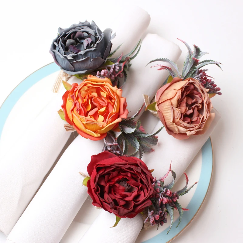 

PEANDIM Simulation Rose Napkin Ring Holder Flower Napkin Ring Handmade Crafts Wedding Party Table Decor Napkin Buckles 12pcs/lot