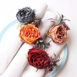 PEANDIM Simulation Rose Napkin Ring Holder Flower Napkin Ring Handmade Crafts Wedding Party Table Decor Napkin Buckles 12pcs/lot