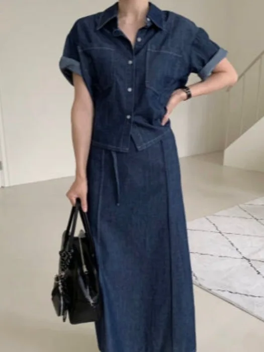 

Korean Sle Denim Set Women Summer New Hong Kong Sle Retro Single Button Open Cardigan Long Top f Skirt Two Piece Set