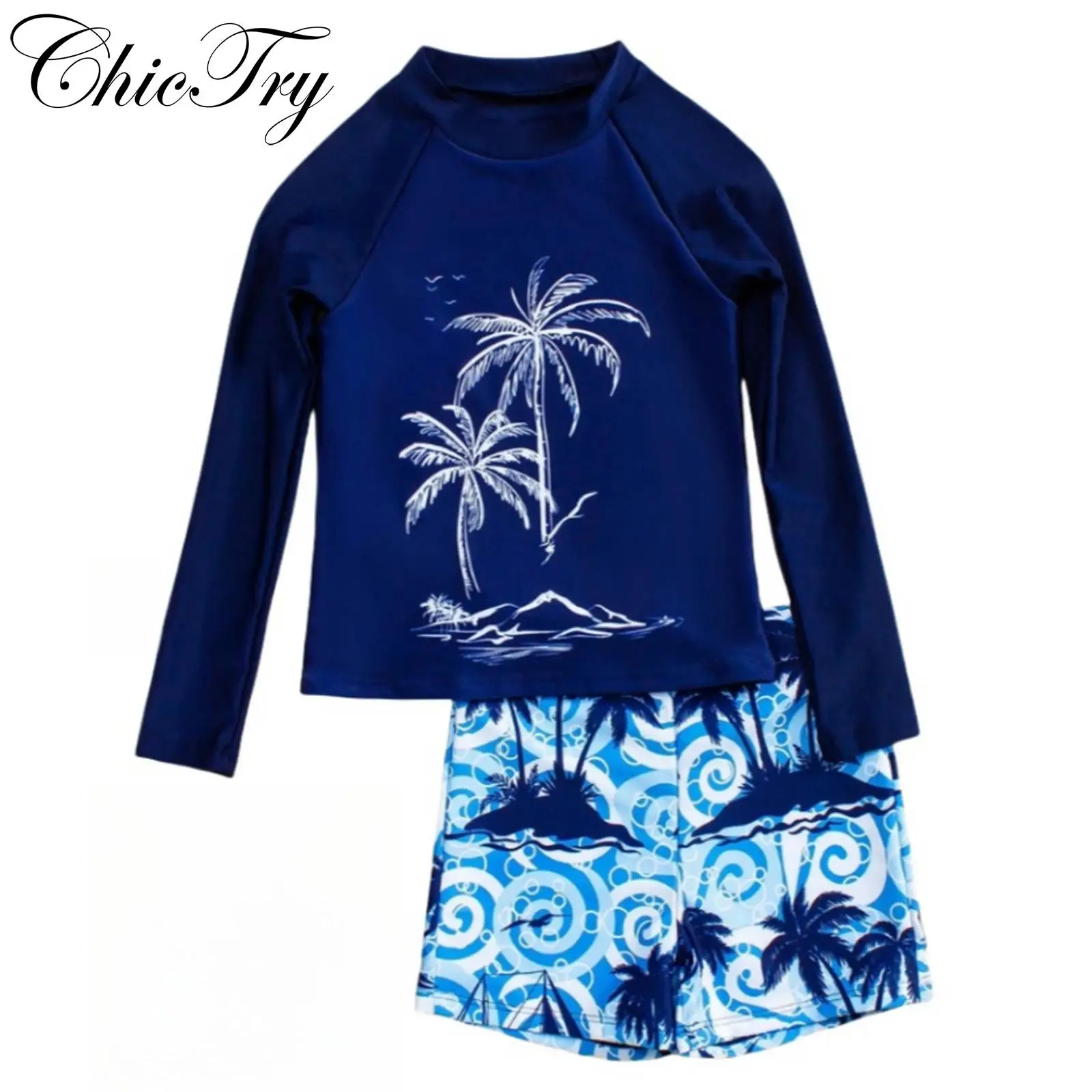

Kids Boy Swim Set Printed 2 Pieces Swimsuits Swimwear Long Sleeve Top and Shorts for Swimming Bathing Beachwear Holiday Vacation