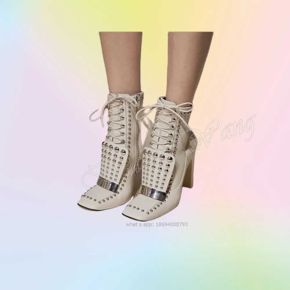 화이트 스퀘어 토 부츠 리벳 장식 사이드 지퍼 두꺼운 하이힐 여성용 하이힐 패션 2023 신상 여성용 신발