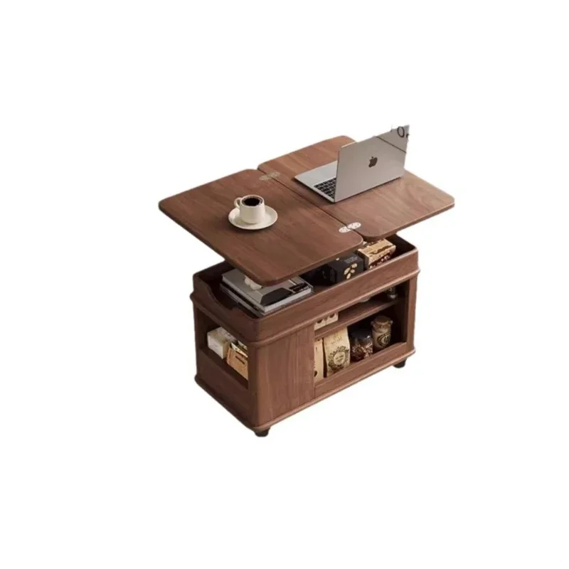 Walnut all-solid wood mobile coffee table Small apartment cart lifting and folding storage side table Middle and ancient househo