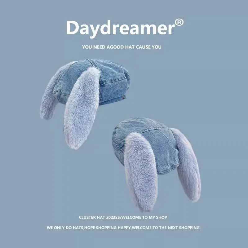 Boina de coelho fofa para mulheres, chapéu monocromático, chapéu de cowboy personalizado, tendência japonesa, rua, primavera e outono
