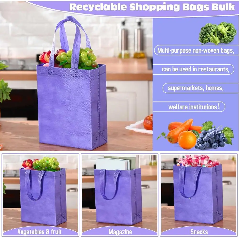 أكياس حمل أرجوانية قابلة لإعادة الاستخدام مكونة من 200 قطعة، مقاس 8 × 4 × 10 بوصة، أكياس تسوق غير منسوجة بمقابض، مثالية لتسوق البقالة في عيد الميلاد