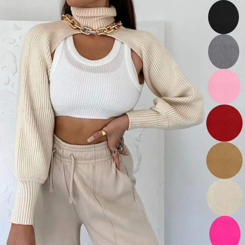 

Женский вязаный топ с высоким воротником и длинными рукавами-фонариками, оверсайз худи с шарфом, уличный стиль, модный цветной дизайн