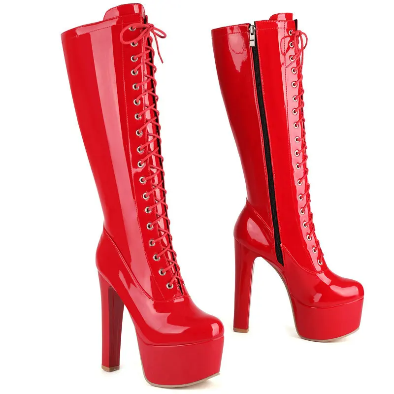 Patent Leather Plain Red White Lace-up Sexy Women Shoes Winter Footwear Round Toe Platform Spike High Heels Knee-high Boots Lady