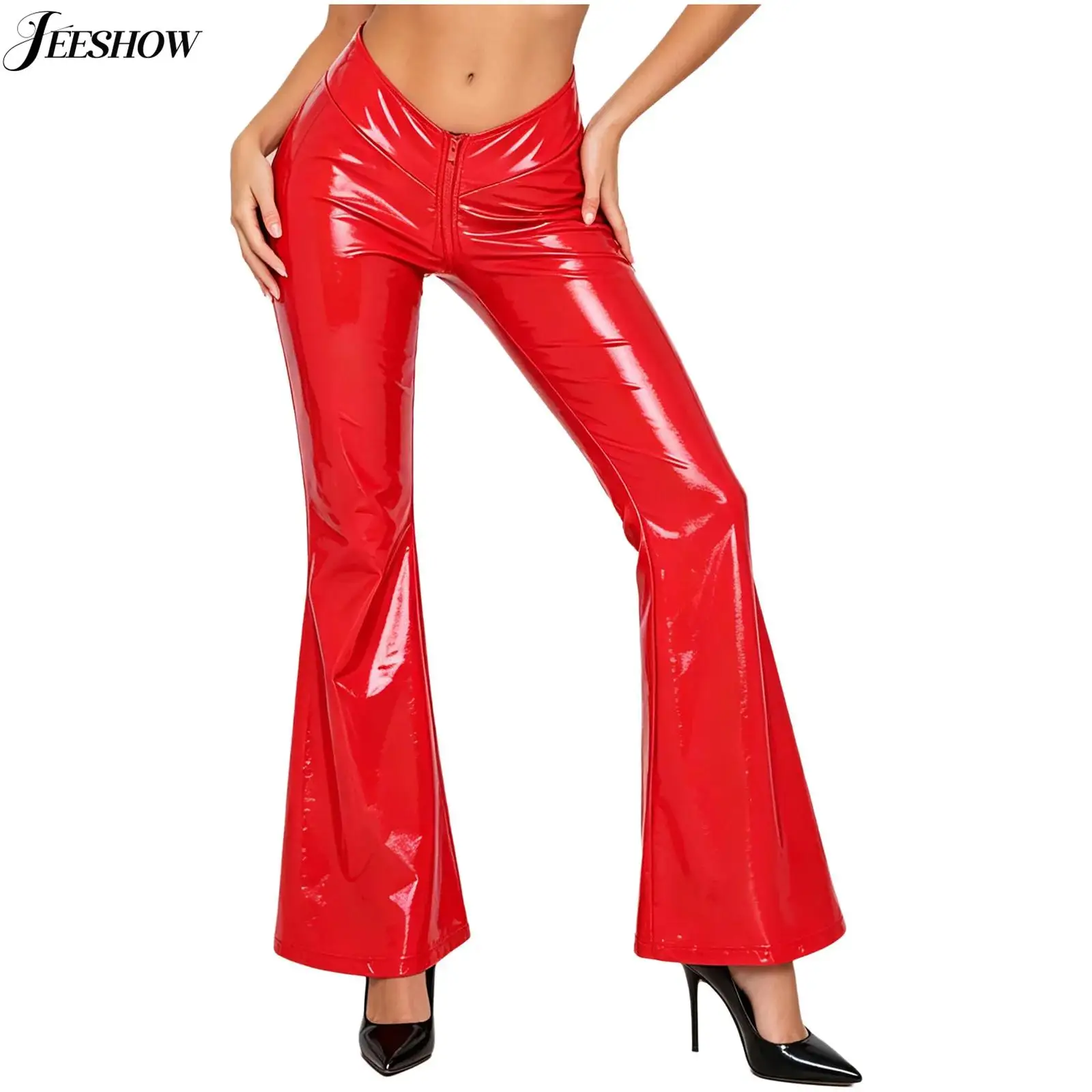 Womens Patent Leather Zipper Crotch Flared Pants Wet Look V-Front Waistband Slim Fit Bell Bottoms Disco Dance Party Costume