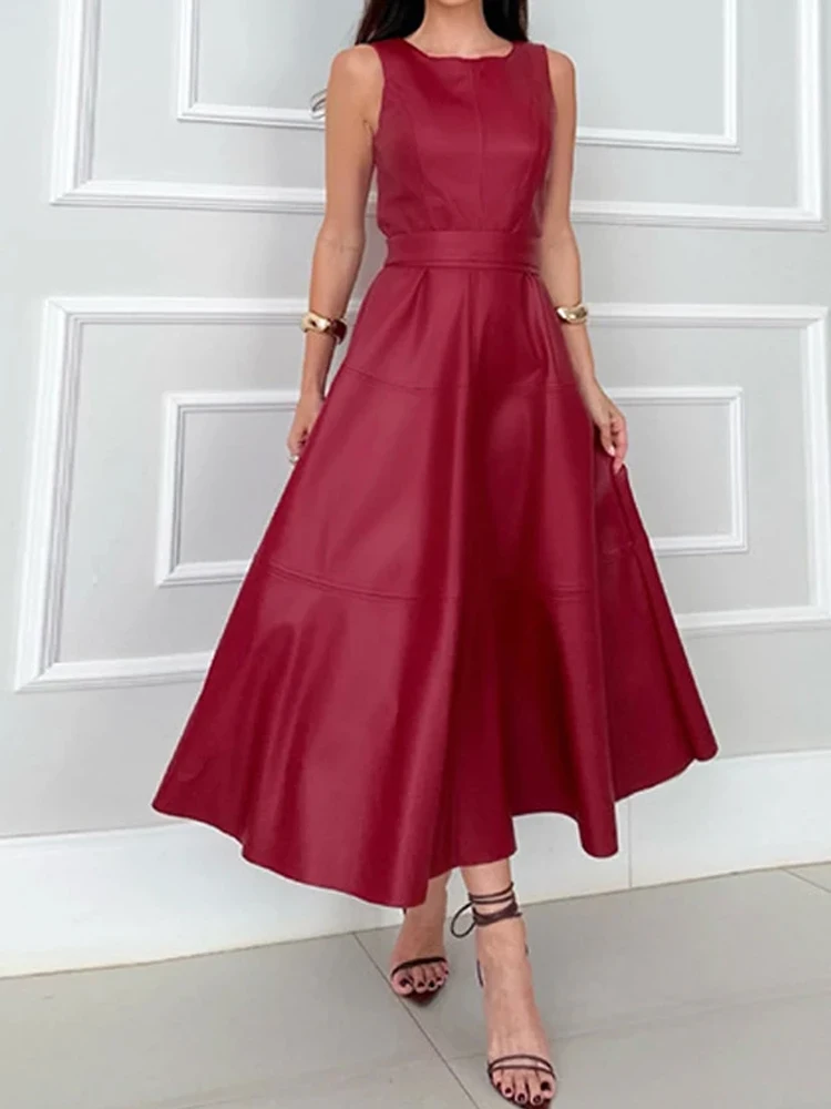 

Women Zip Open Back Pleated A-line Dress Elegant New Sleeveless O-Neck Party Dress Banquet 2024 Solid Lace-up Leather PU Dress