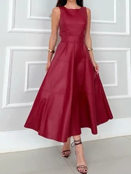 Women Zip Open Back Pleated A-line Dress Elegant New Sleeveless O-Neck Party Dress Banquet 2024 Solid Lace-up Leather PU Dress