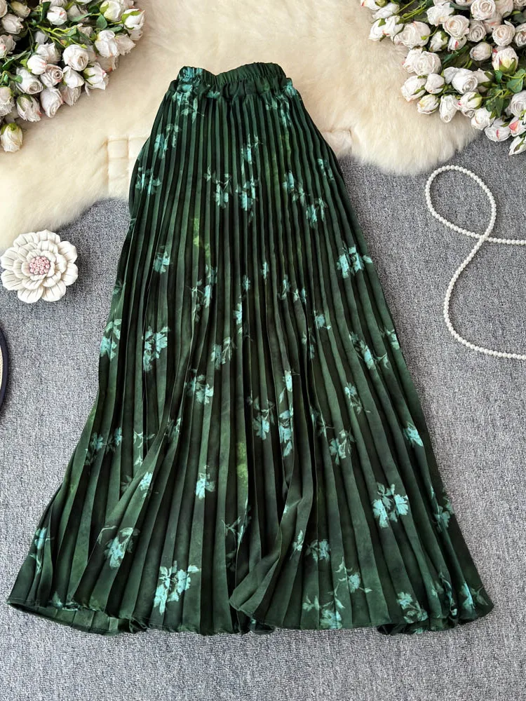 Spódnica midi plisowana, wyszczuplająca, w stylu retro, z wysokim stanem, wzór kwiatowy, odzież damska, wiosna 2025.