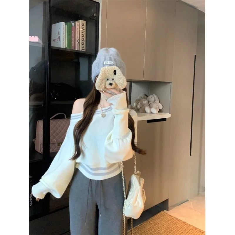 Suéter E de Manga Larga con Hombros Descubiertos para Mujer, Estilo Ajustado, Cuello Redondo, Jersey, Novedad de Otoño...