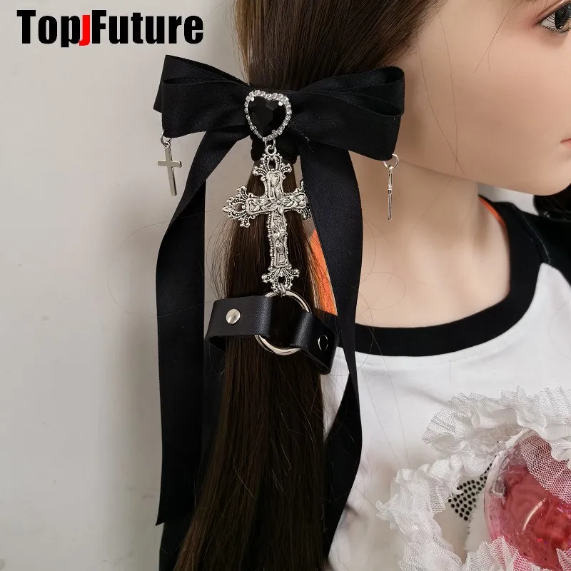 Gothic Lolita cosplay Y2K girl Harajuku Girl women bow rivet buckle pins Punk cross Streetwear hairpin punk bow pins hair pin