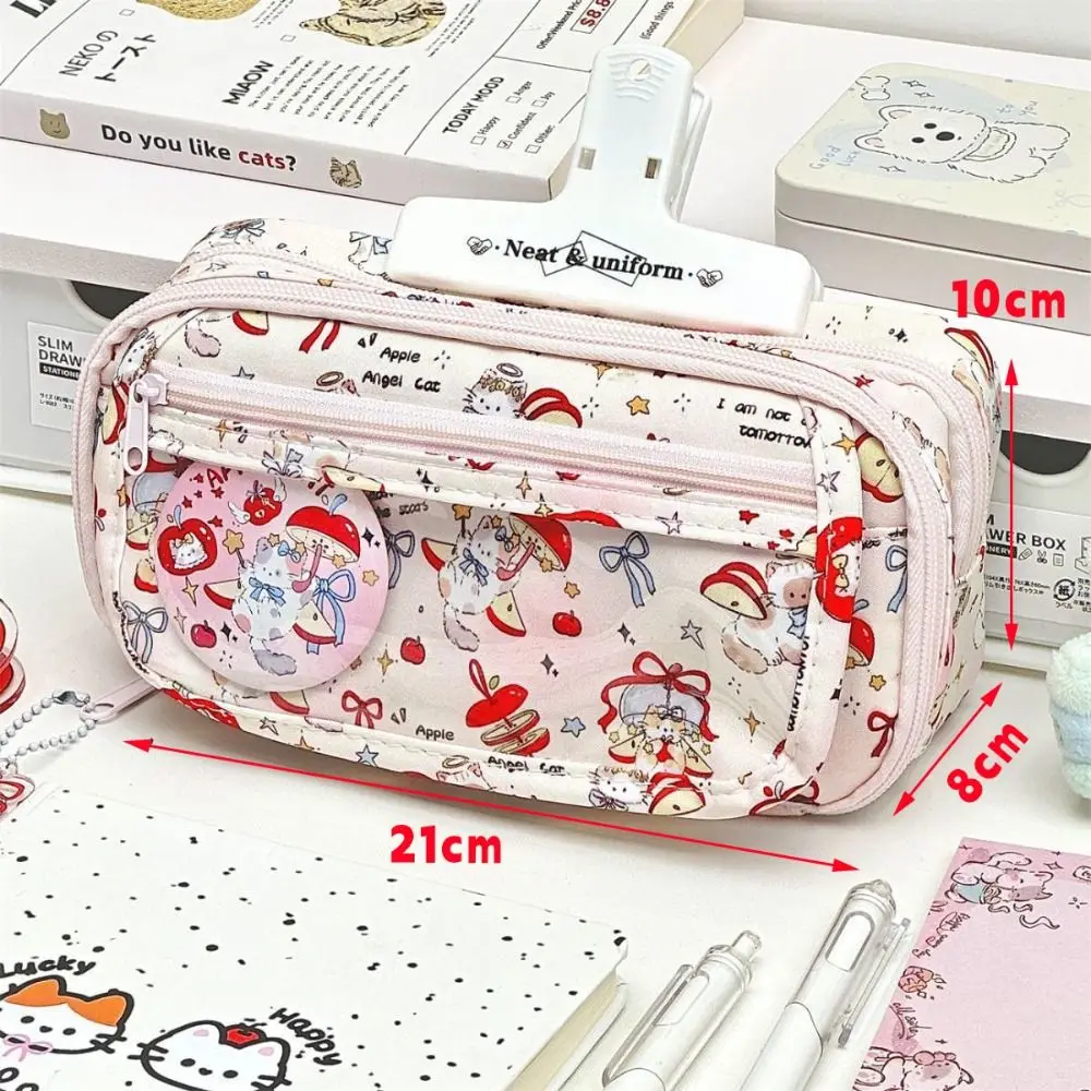 Durable Flip Design Pen Bag Multilayer Large Capacity Pencil Case Red Kitten Pattern Multifunctional Stationery Storing Bag Gift