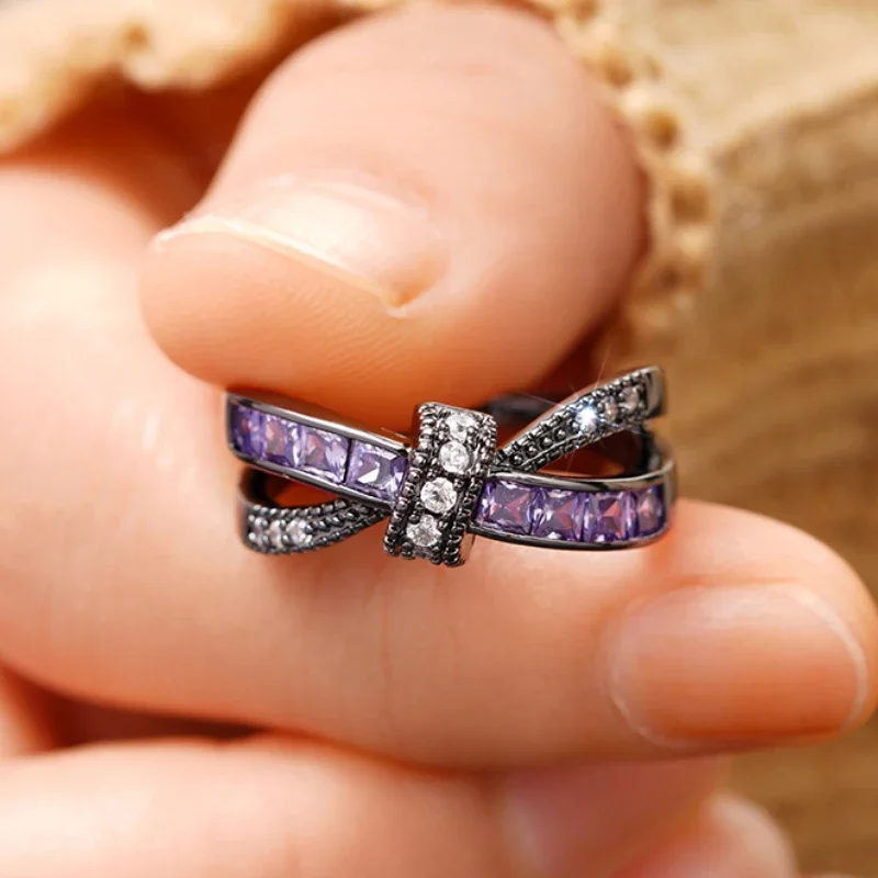 Huitan Special-interested Black Plated Purple CZ Rings for Women Vintage Female Accessories Daily Wear Party Personality Jewelry