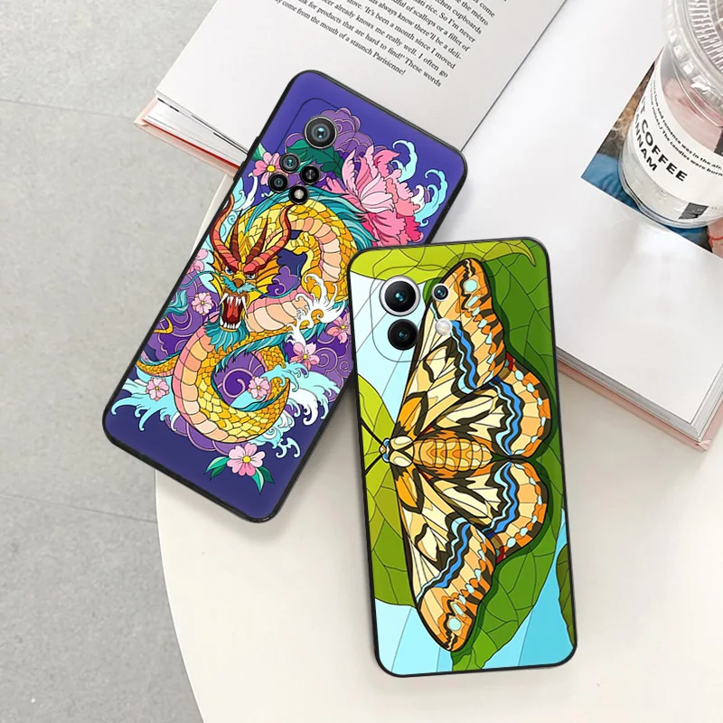 Matte Phone Case For Redmi Note 11 Pro 10 11s 10a 10c Xiaomi 11t 10t Note10 Abstract Hourglass Phoenix Dragon Black Soft Cover