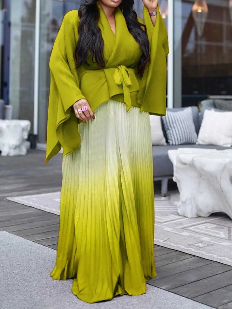 

Women Two Piece Dress and Top Long Sleeve High Waist Autumn Elegant Set Outfits Chic Sexy Blazer Suit with Gradient Long Dress