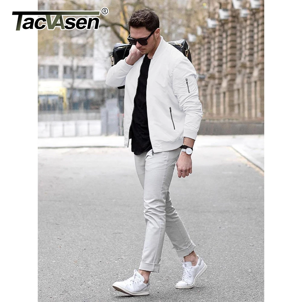 TACVASEN Men\'s Bomber Jacket Summer Autumn Thin Lightweight Casual Windbreaker Multi-pockets Full Zip Up Varsity Baseball Jacket