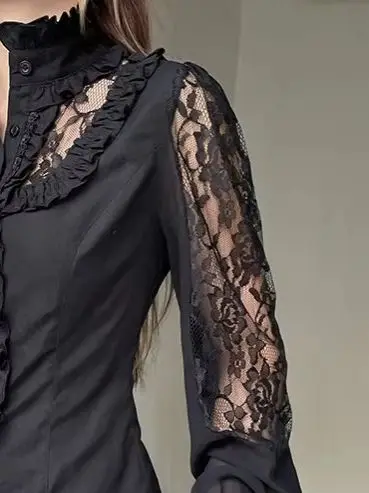 

Gagaok Camisas Black Shirt Streetwear Retro Hollow Lace Long Sleeved Shirts Harajuku Y2k Top Slim Waist Cinching Dark Blouses