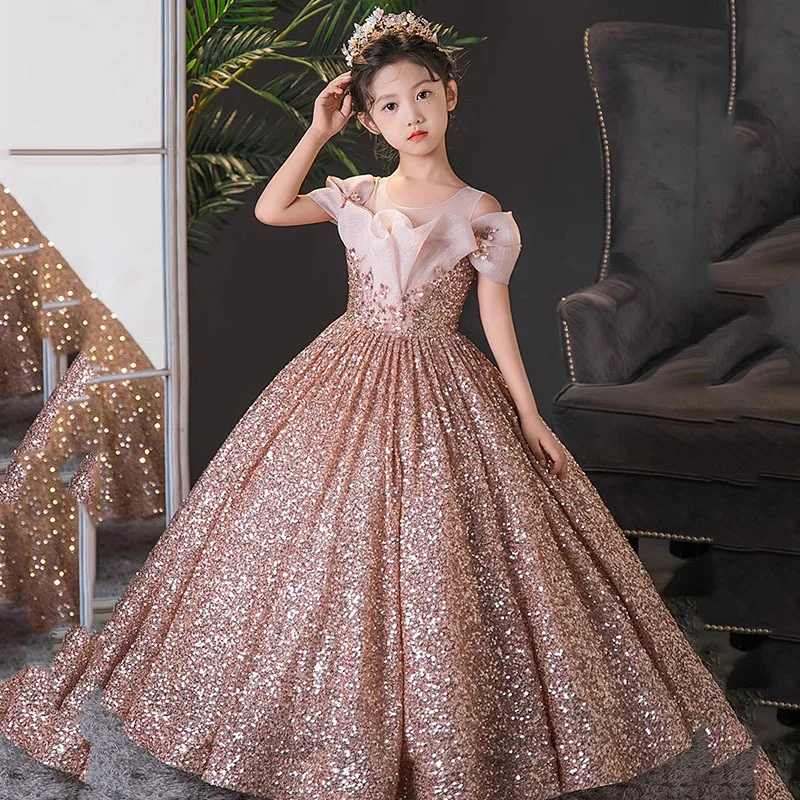 2024 Little Girls Luxury Fancy Princess Long Dress Summer Sequin Evening Dresses Piano Performance Temperament Children Costumes