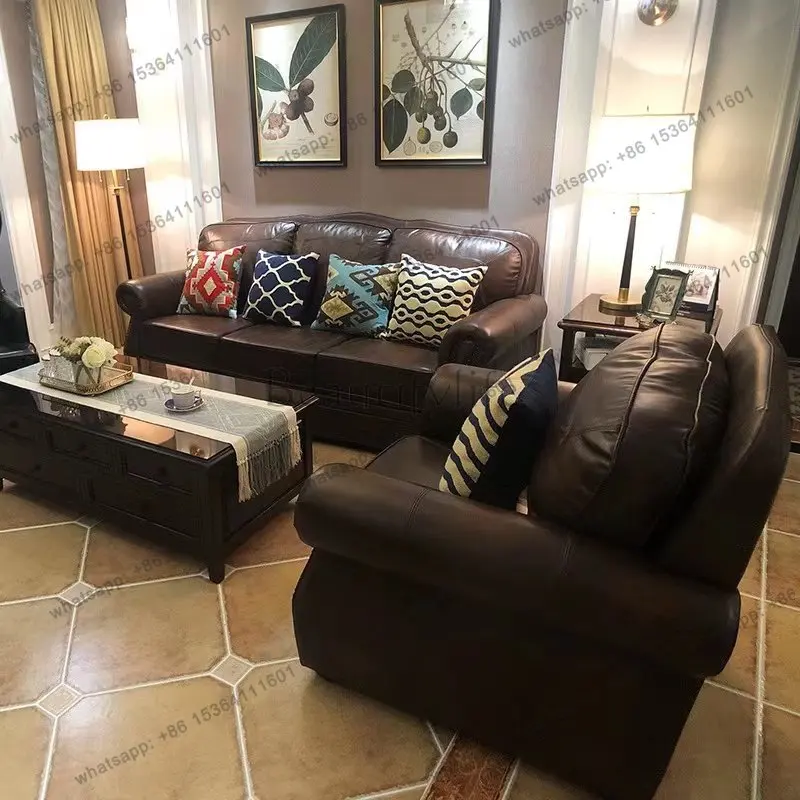 American all-cowhide leather sofa export foreign trade high backrest European retro old
