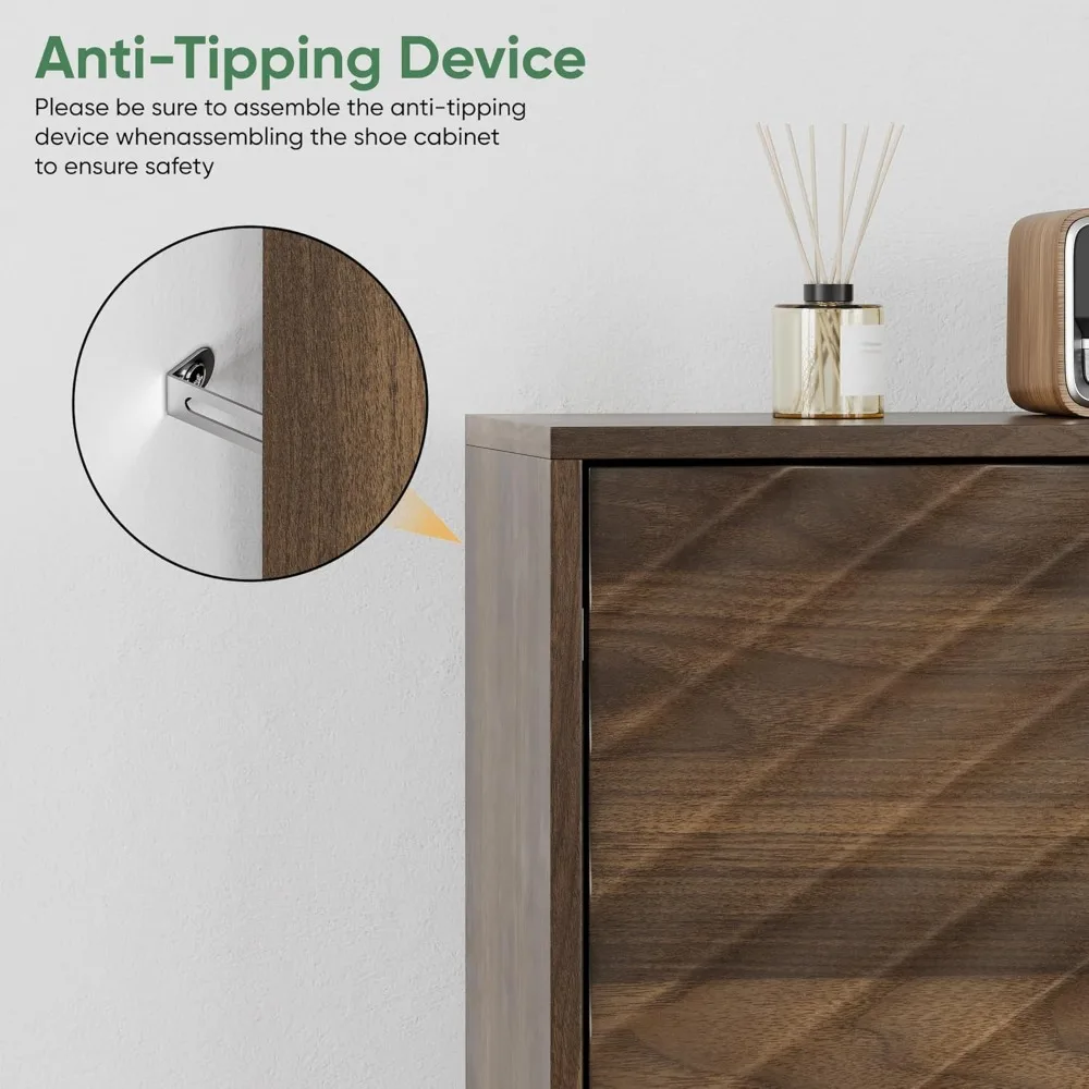 Scarpiera con porte a linee diagonali testurizzate, 2 cassetti ribaltabili, scarpiera stretta in noce per ingresso