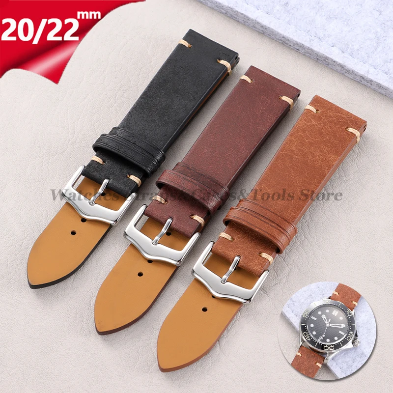 

Handmade Stitching Vintage Genuine Cowhide Watch Strap 20mm 22mm for Omega for Seiko for Rolex Leather Band Men Women Bracelets