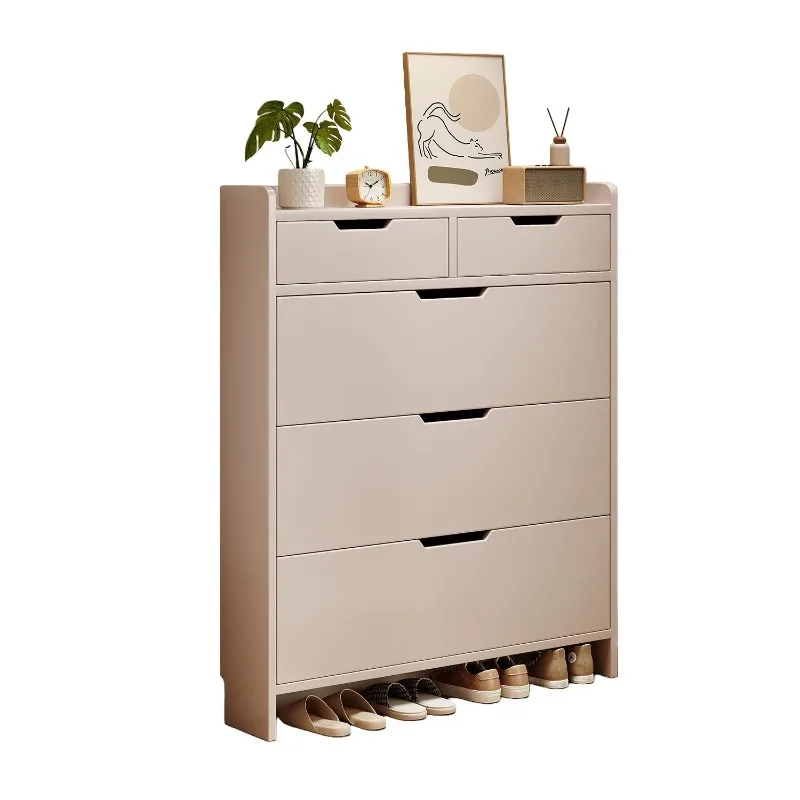 Solid Wood Ultra Thin Shoe Cabinet, Narrow Entryway Furniture with Drawer & Tipping Bucket, Wall Mounted New Shoe Rack