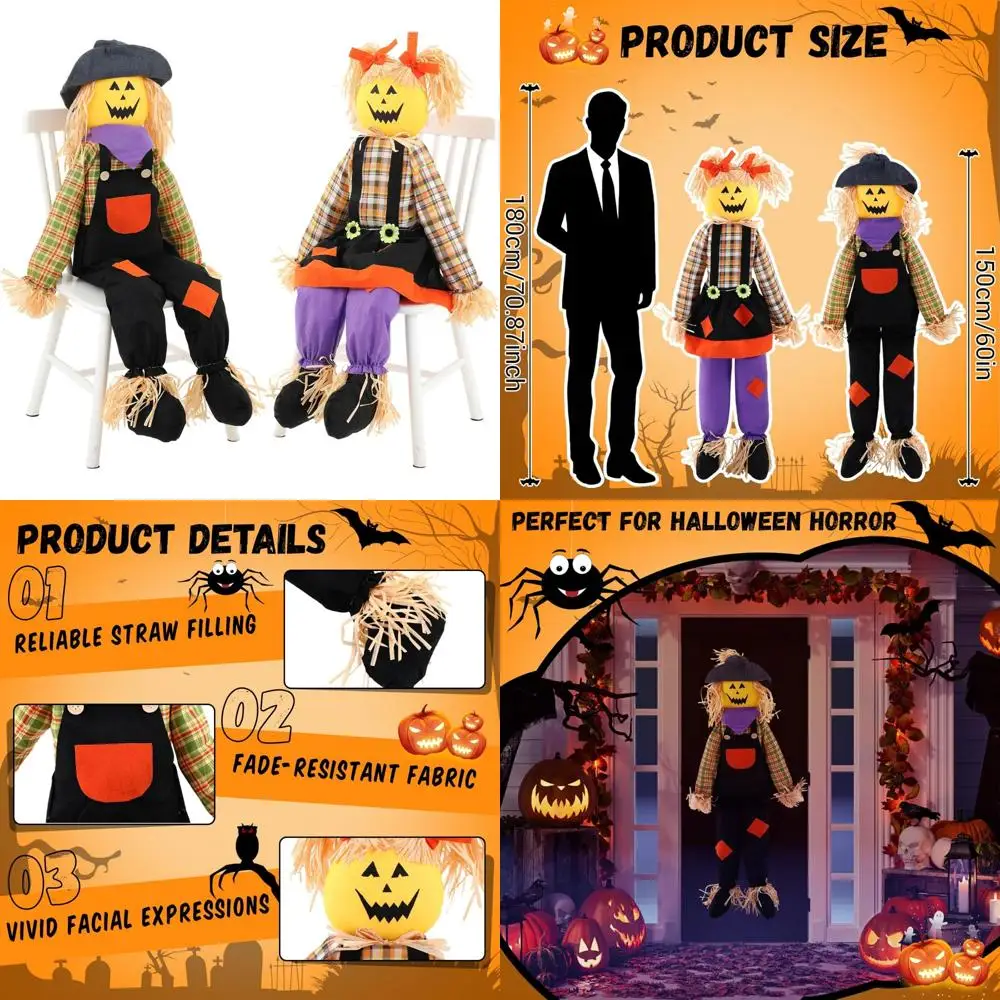 

Halloween Pumpkin Scarecrows 60 Tall with Sitting Ghost - Scary Garden Decorations for Seasonal Figurine Gifts