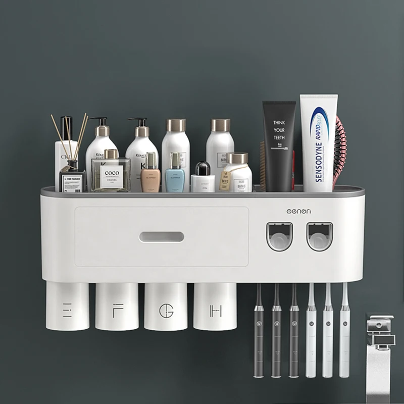 WIKHOSTEAR Wall mounted Toothbrush Holder Magnetic Adsorption Inverted Toothpaste Squeezer Double Automatic Toothpaste Dispenser