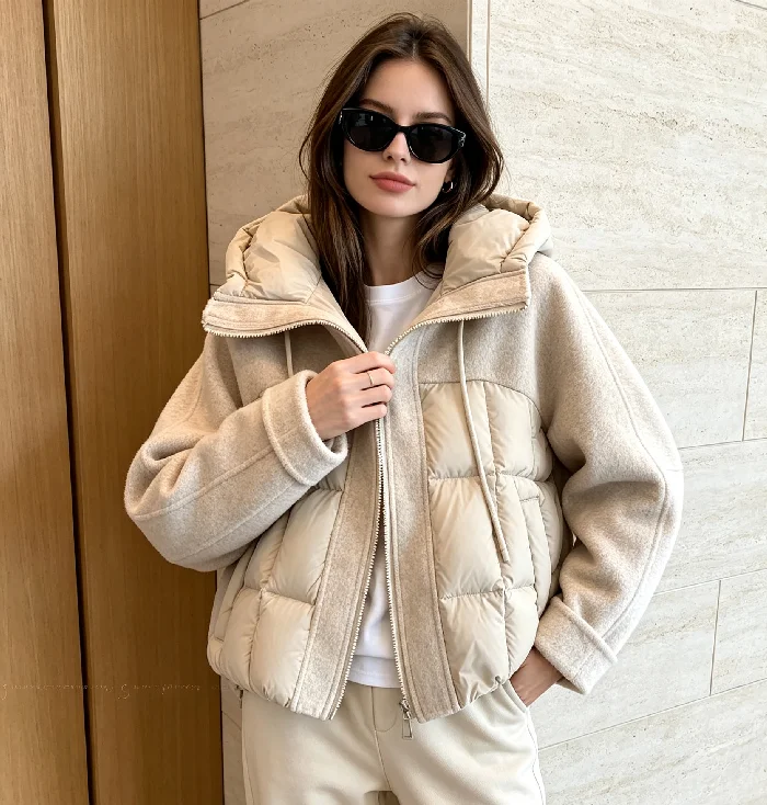 Women Hooded Quilted Cotton Padded Coat Fabric Splicing Drawstring Hood Zip Up Cropped Puffer Jacket Lady Commuter Outer Clothes