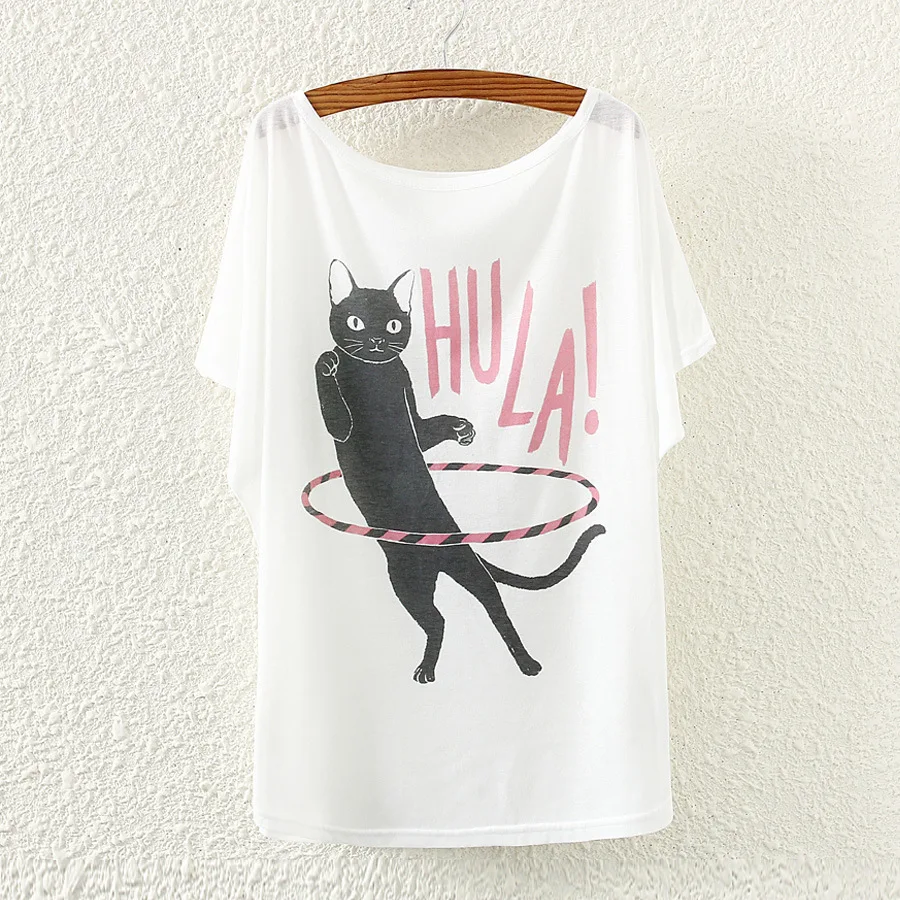 Summer Tops Female Y2k Clothes New Hula Hoop Black Cat Print Oversize Bat Short Sleeve Loose Young T-shirt Woman Clothing Korean